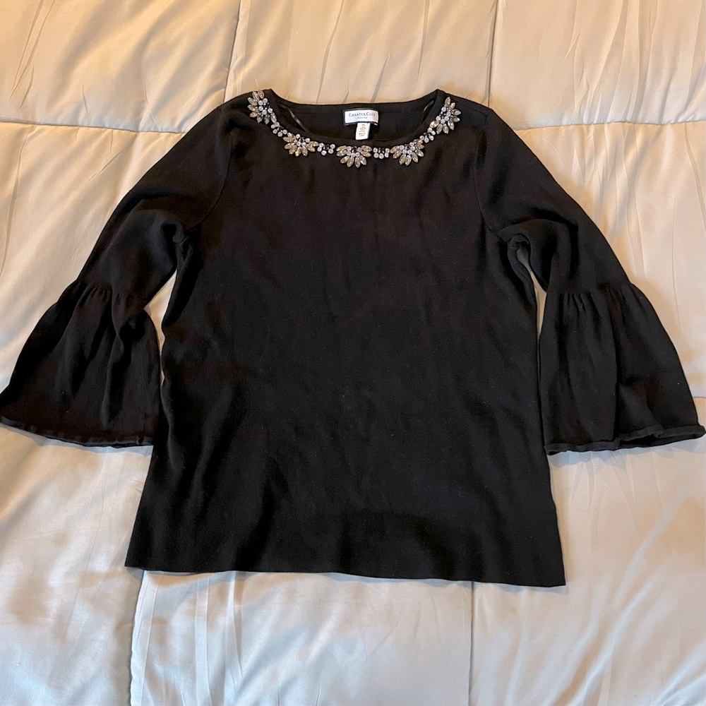 Sweater, Charter Club, Embellished with Rhinestones, 3/4 sleeve, Black,Size PL